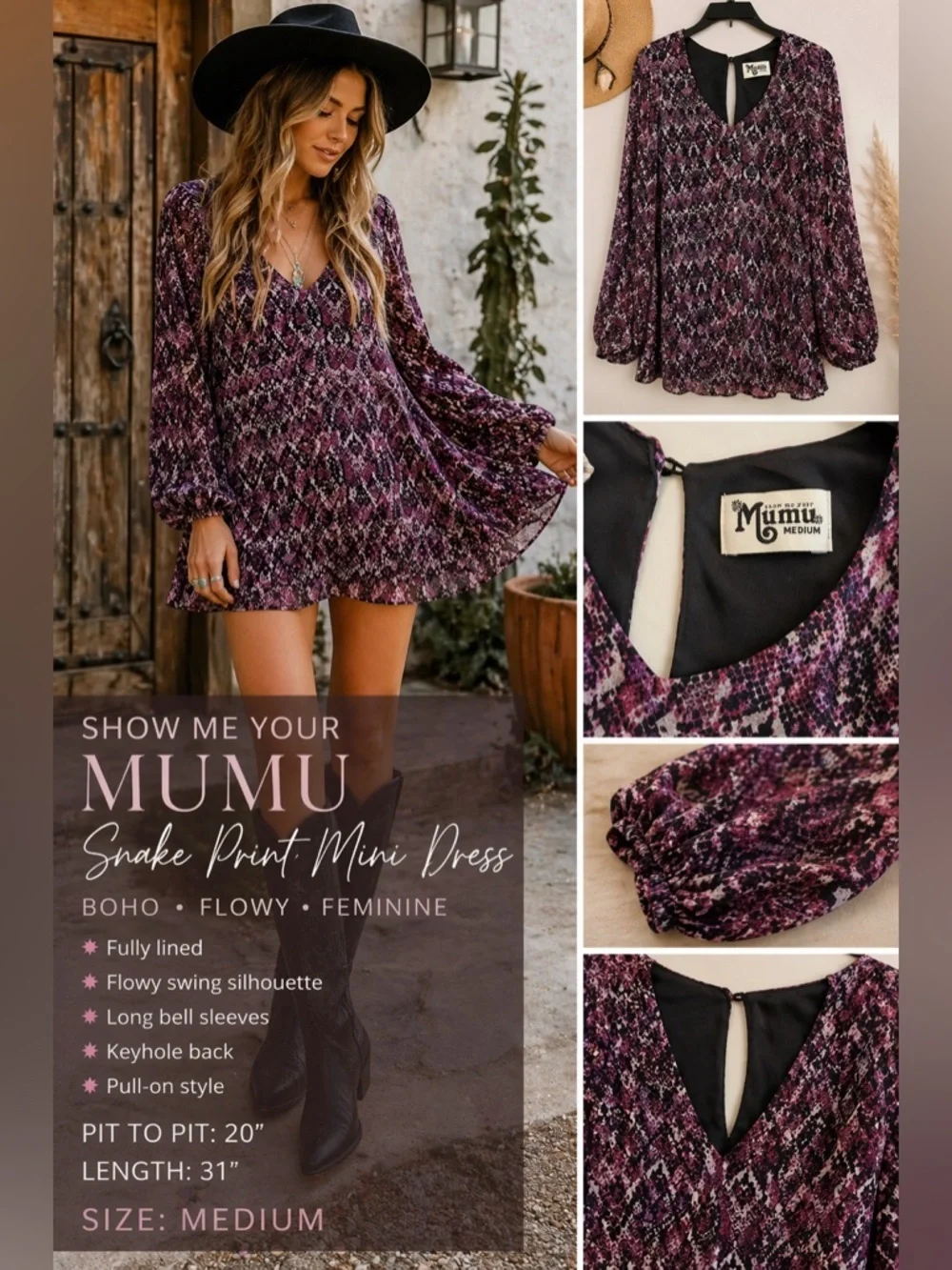 Show Me Your Mumu Snake Print Mini Purple Dress Boho Flowy Bell Sleeve M